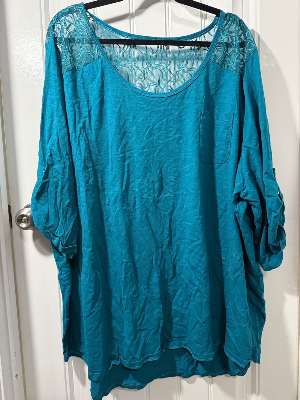 Roaman's Teal Lace-Yoke Scoop Neck Long Sleeve Tee